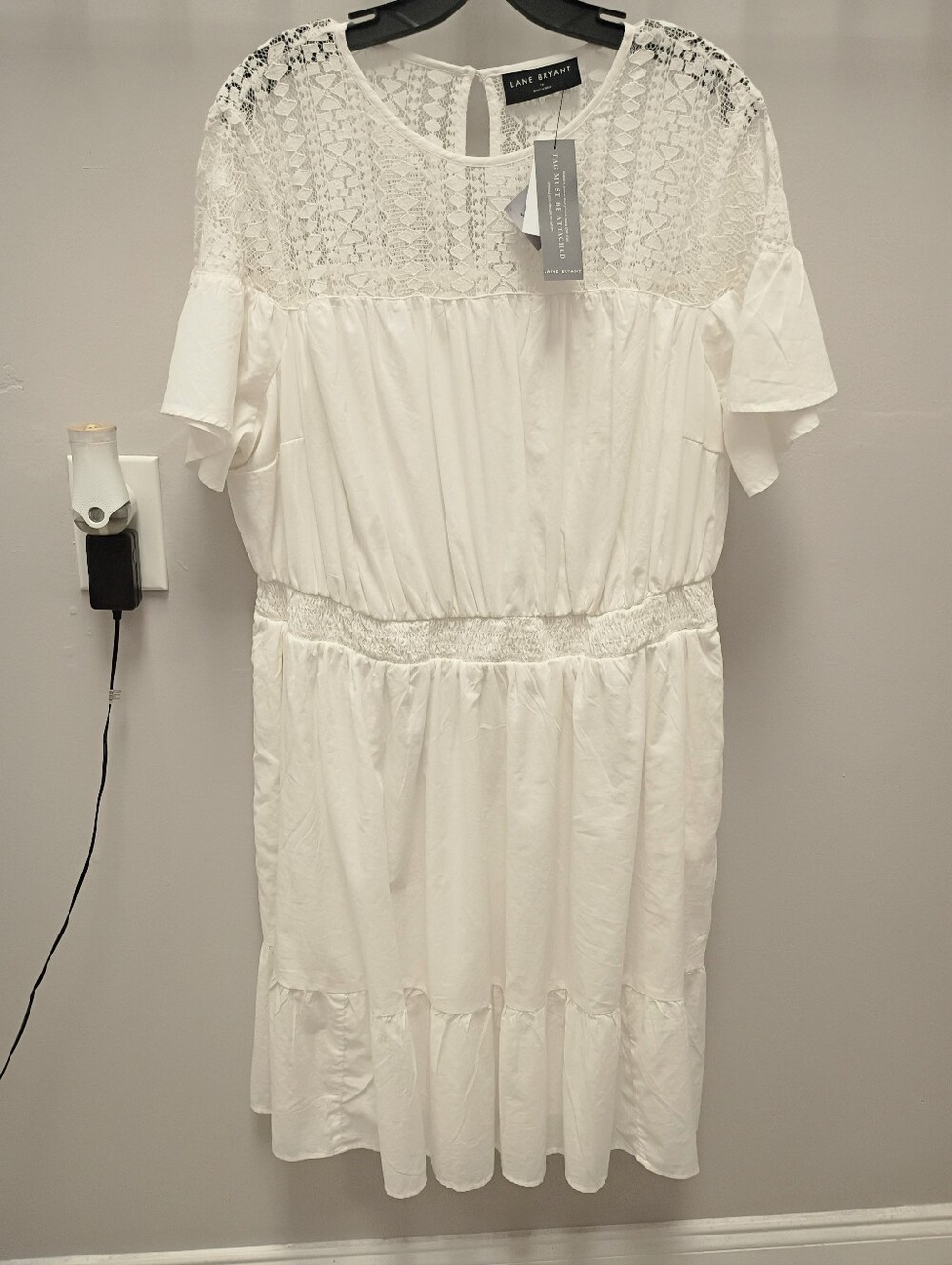 Lane Bryant White Lace Yoke Smocked-Waist Midi Dress
